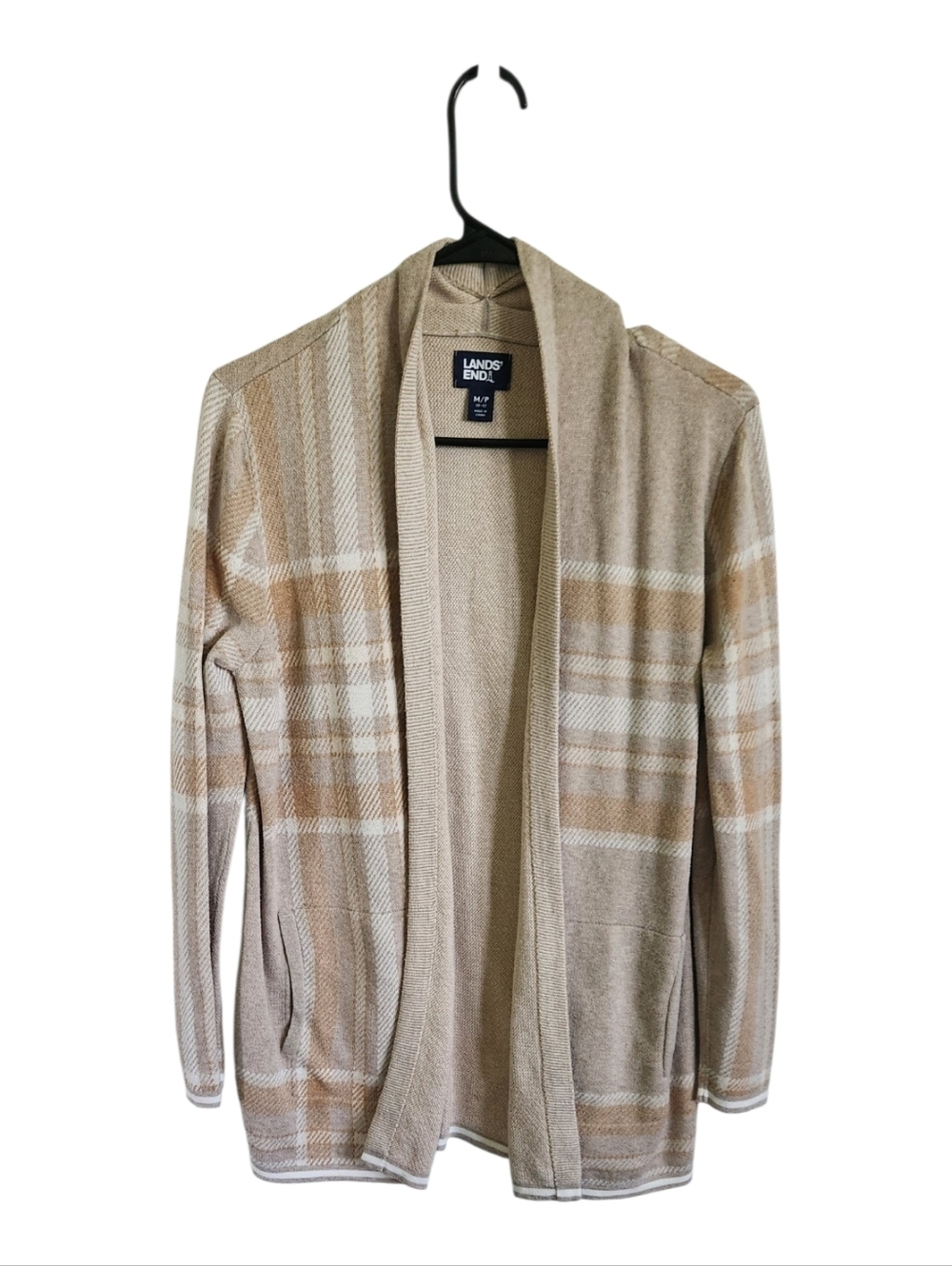 Lands' End Women's Open Front Cardigan in Beige and Cream Plaid Size Medium